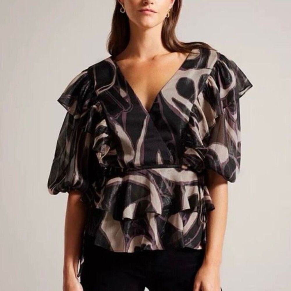 Ted Baker Jasmyna Metallic Purple Tiered Ruffled Puff Sleeve Top Nwt Size 0/Us 2